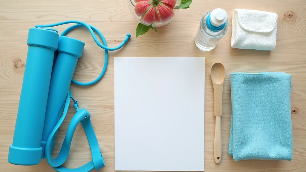 Overhead view of exercise mat with resistance band, water bottle, and towel arranged on wooden floor for home workout setup