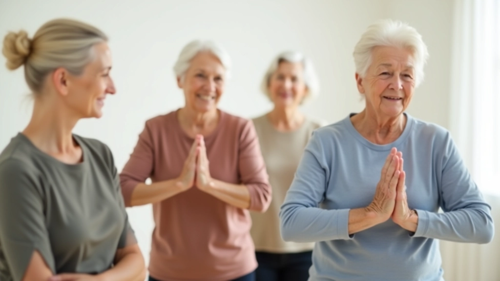 Group of four seniors in casual clothing performing gentle exercise movements together in bright, modern fitness studio with natural window lighting
