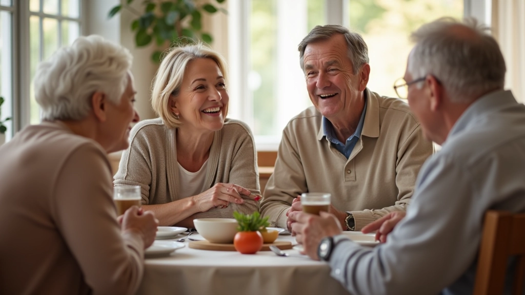 Group of diverse people aged 45-60 sitting together in a circle, having conversation and sharing experiences in warm community setting