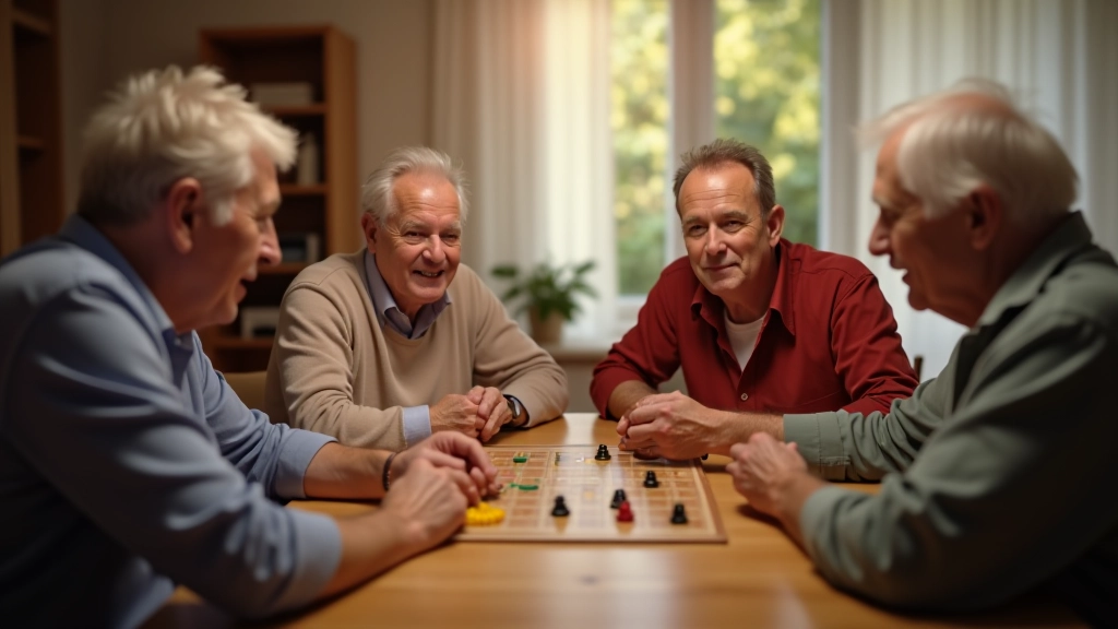 Group of four adults aged 65-75 engaged in puzzle activity together at wooden table, smiling and focused on game