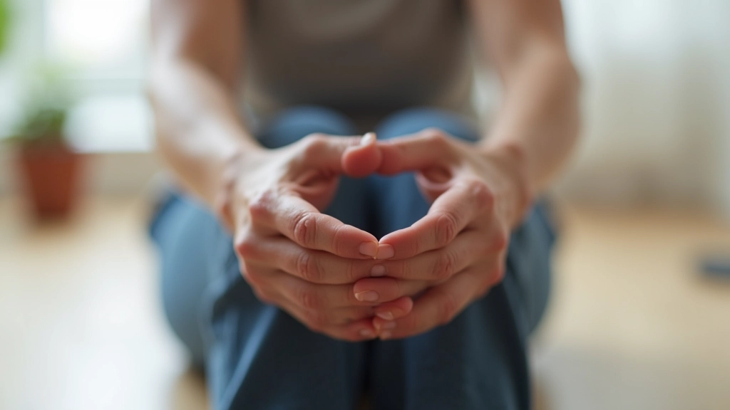 Close-up of hands touching toes in seated forward stretch position, demonstrating flexibility on light wooden floor