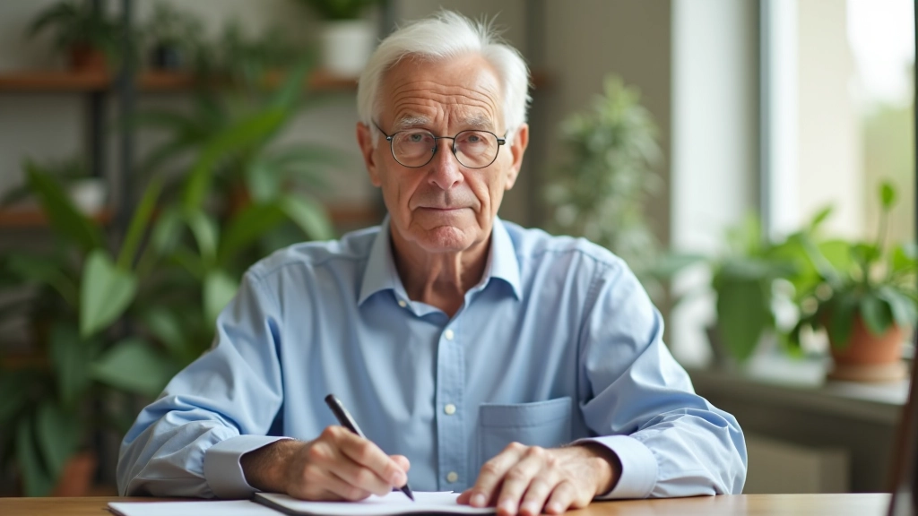 Older man aged 70 with glasses, seated at table with notebook and pen, focused expression, warm study environment with plants visible