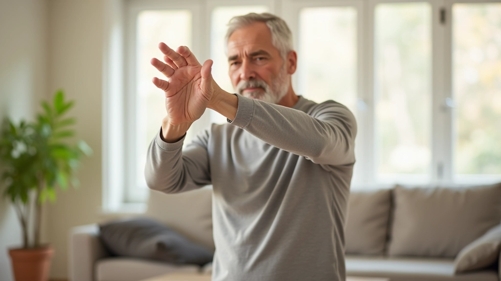 Older man demonstrating gentle stretching exercise in living room with calm, confident posture and relaxed expression
