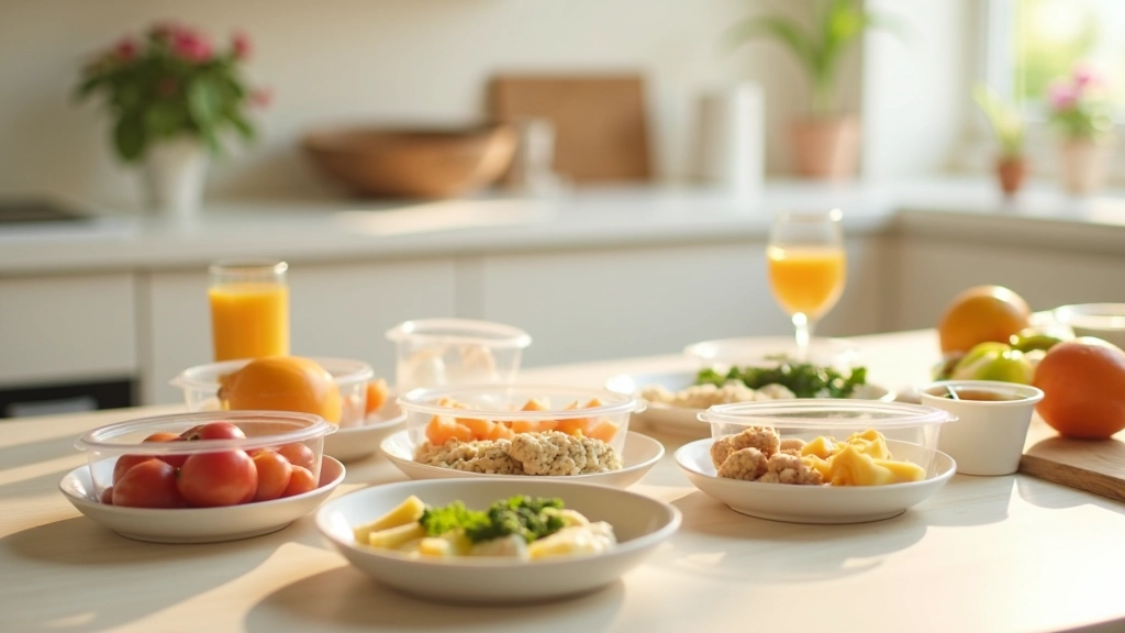 Organized meal prep containers on kitchen counter with labeled portions of prepared vegetables, grains, and proteins ready for the week