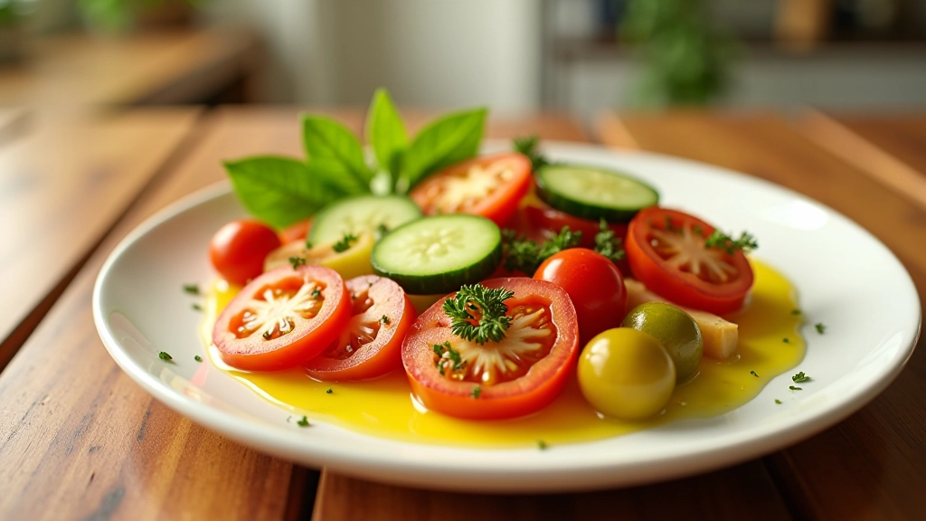 Mediterranean-style meal on white plate featuring vegetables, olive oil, fresh herbs, and whole grains in natural sunlight