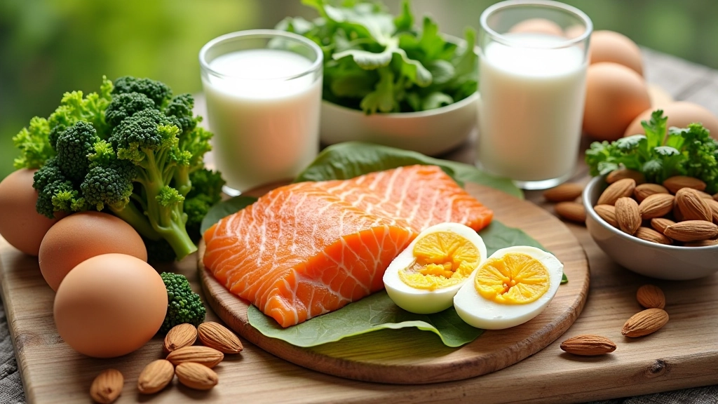 Overhead view of wooden table with variety of healthy foods including salmon, eggs, fresh spinach, broccoli, almonds, and milk arranged in groups