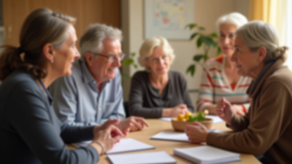 Three people aged 40-65 having conversation in community center setting, with coffee and documents on table, discussing care planning
