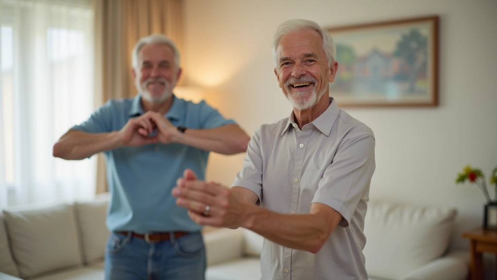 Older man and adult son doing gentle stretching exercise