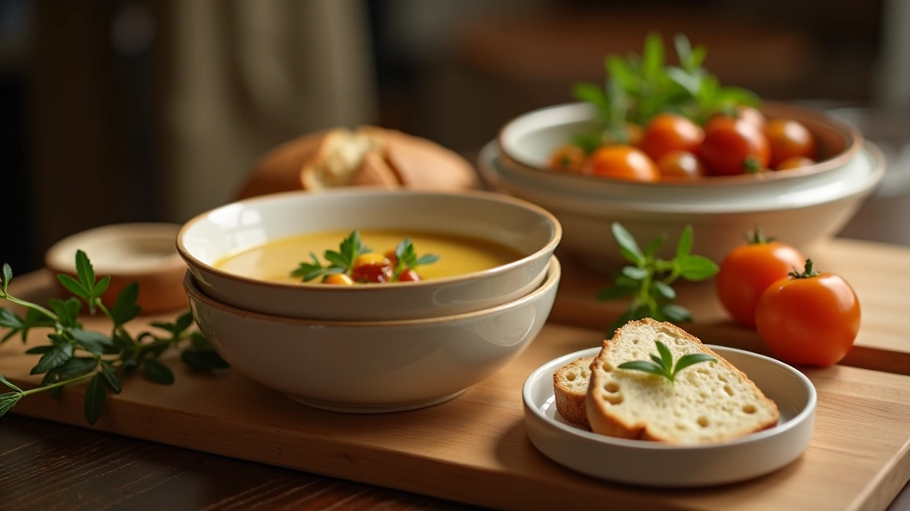 Traditional Czech kitchen table with homemade soup in ceramic bowl, fresh bread, roasted root vegetables, and herbs displayed on checkered cloth