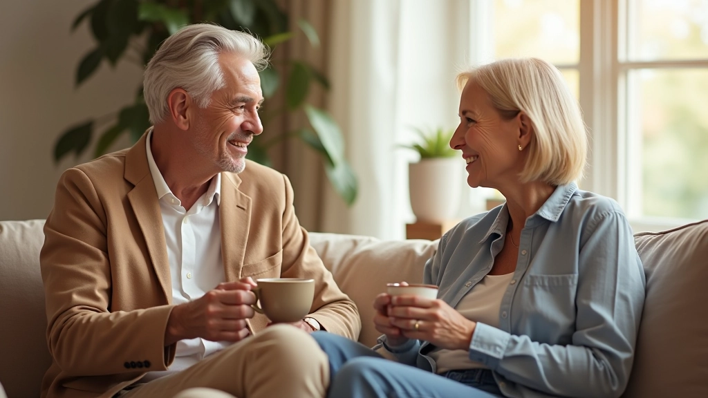 Group of four people aged 45-70 sitting in comfortable living room setting, drinking coffee and having friendly conversation together