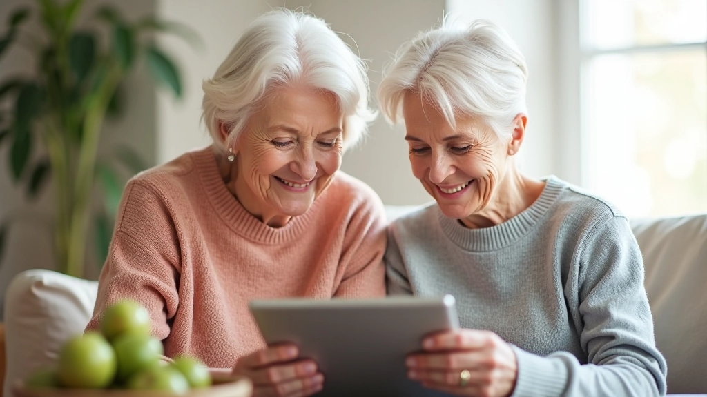 Two women aged 55 and 70, fully clothed, sitting together looking at tablet, smiling, warm living room setting with natural light