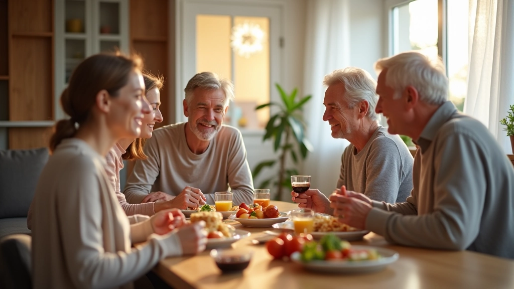 Family members sharing a meal together in a warm, comfortable home setting