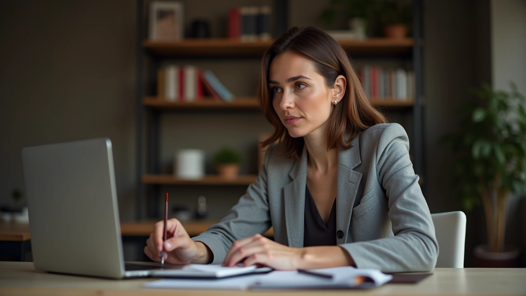 Woman aged 45 sitting at desk with laptop and notebook, researching resources and writing notes about caregiver services and local programs