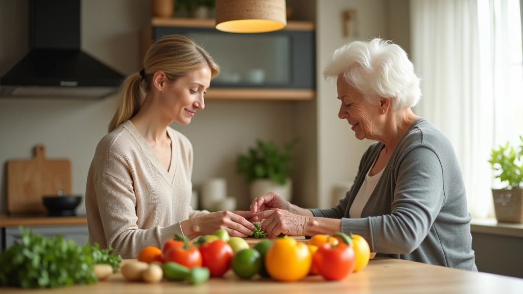 Older woman and adult daughter preparing fresh vegetables together in bright kitchen with natural light