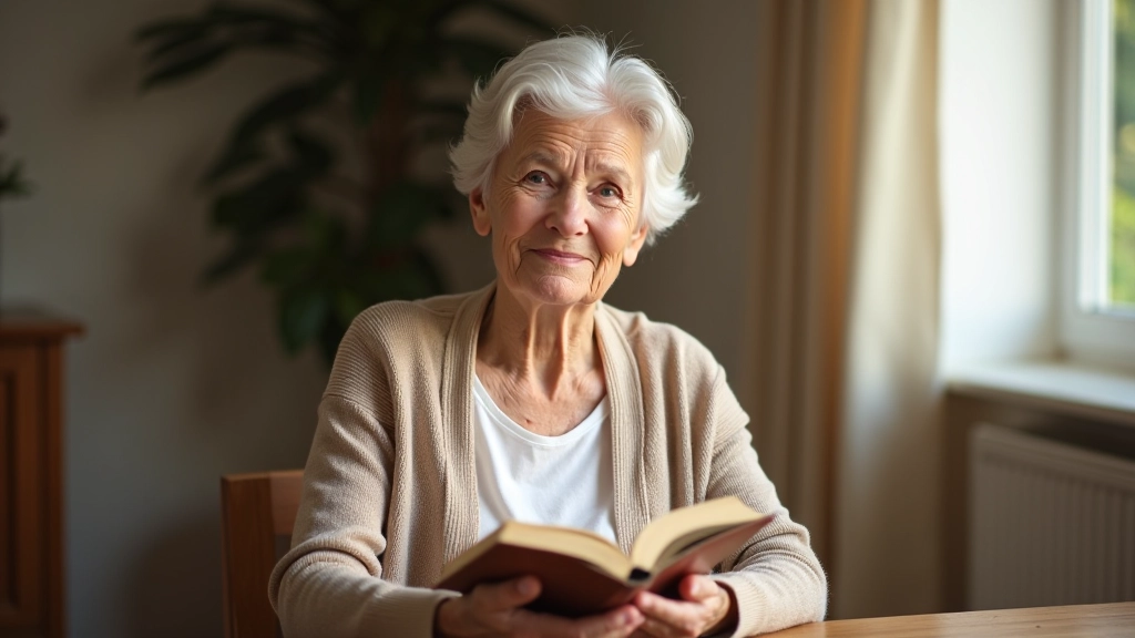 Older adult woman with glasses, focused expression, reading a book in comfortable home setting with natural lighting