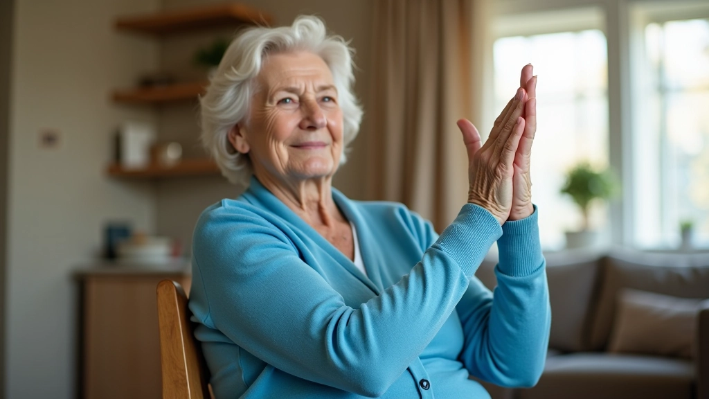 Realistic older woman seated in chair, demonstrating proper posture during exercise with natural light from window, serene home environment