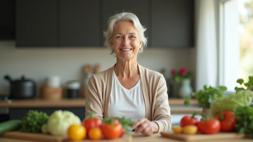 Older woman with gray hair preparing fresh vegetables in bright kitchen, smiling while chopping tomatoes